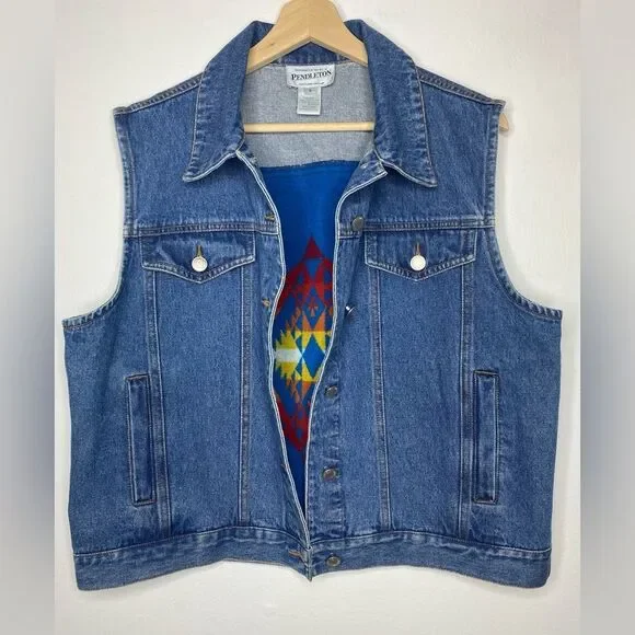 Pendleton Native Tribal Denim Blanket Vest Geometric Size Large Southwest - Picture 5 of 7
